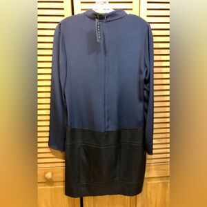 Theory Navy Blue Dress with black leather skirted bottom (6) NWT